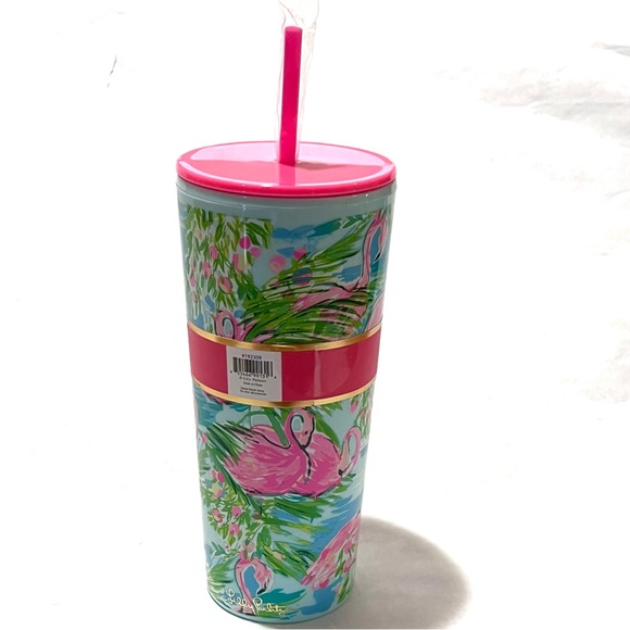 Lilly Pulitzer Flamingo Tumbler with Straw Blue/Pink Multi 24oz - Picture 5 of 13